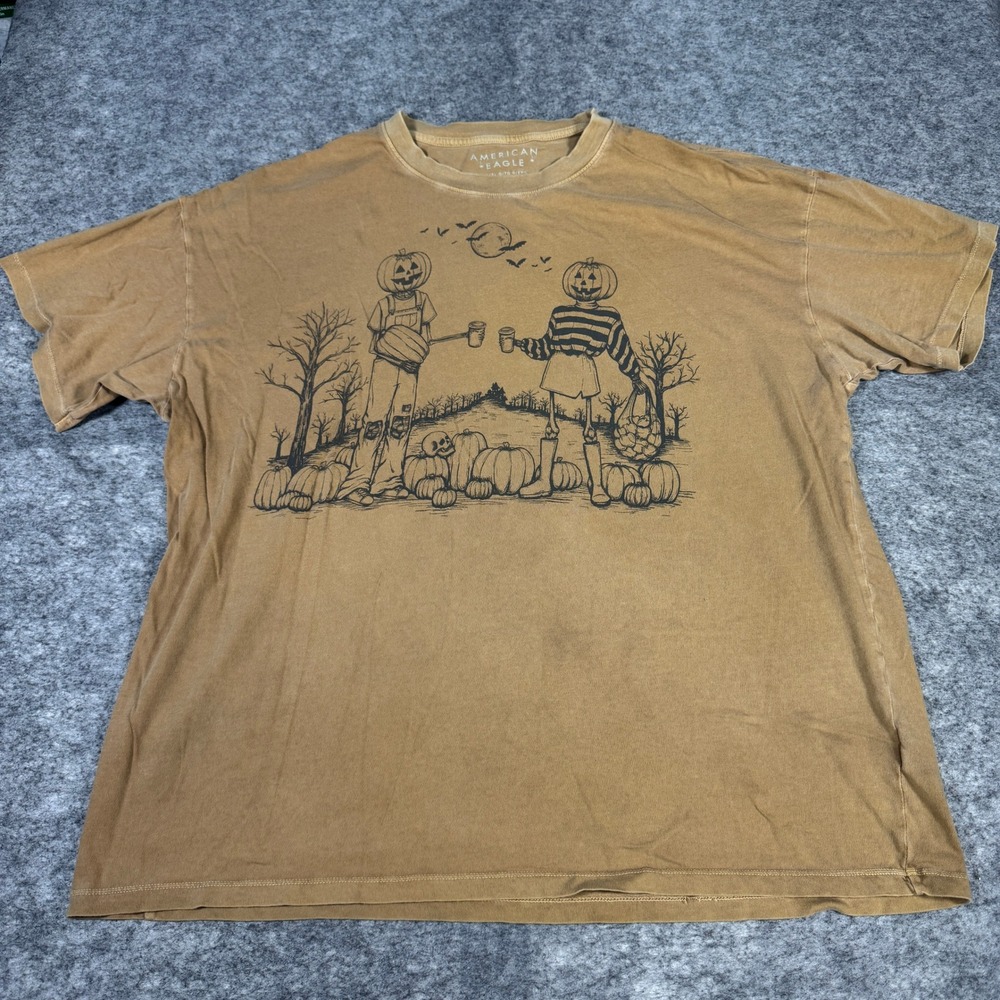 American Eagle Halloween Pumpkin Graphic Tee Tan L/XL Oversized Cotton T-Shirt